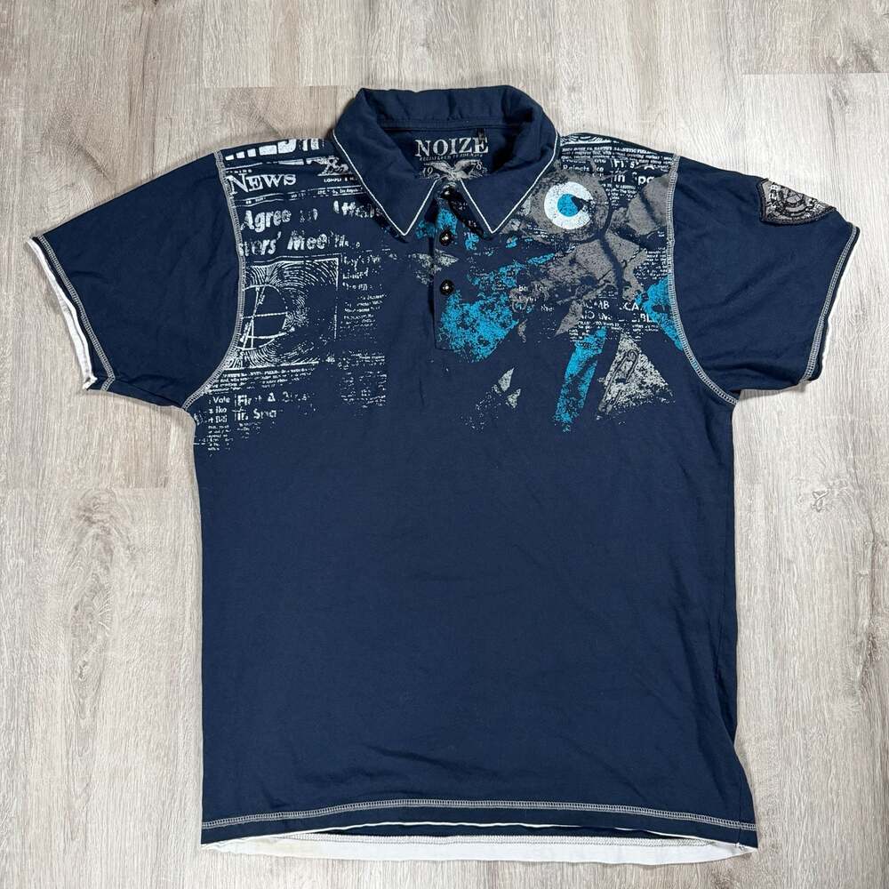 Mens Noize Navy Blue Graphic Print Short Sleeve Polo Shirt Y2K Large Skater